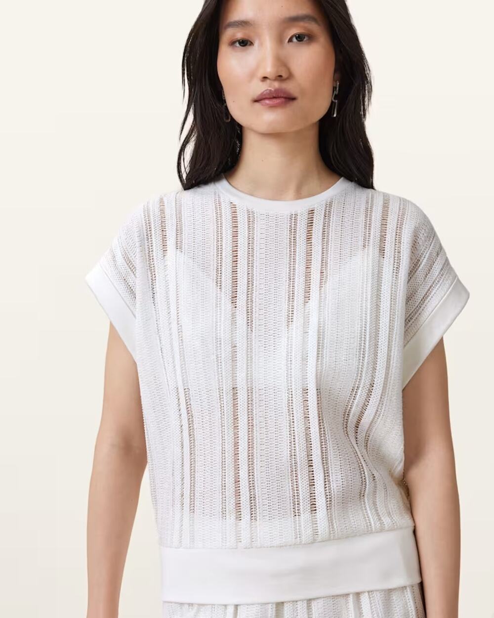 AllSaints Giana Short Sleeve Sheer Crochet Blouse Top White Women's Size Medium